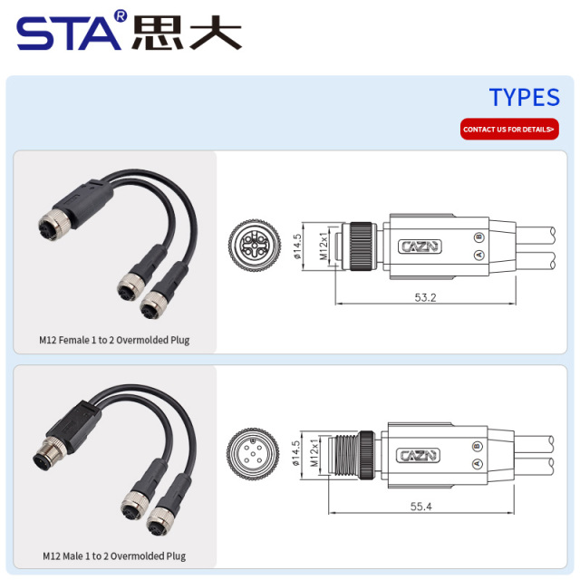M12 Splitter Connector Male Female 1 to 2 Y Branch Cable | Waterproof Unshielded Circular Overmolded Aviation Plug | PVC/TPU Industrial Split Cable