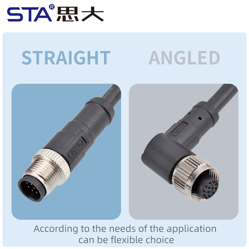 M12 Shielded Straight/Right Angled Overmolded Male/Female Plug Connector PVC / TPU Extension Cable
