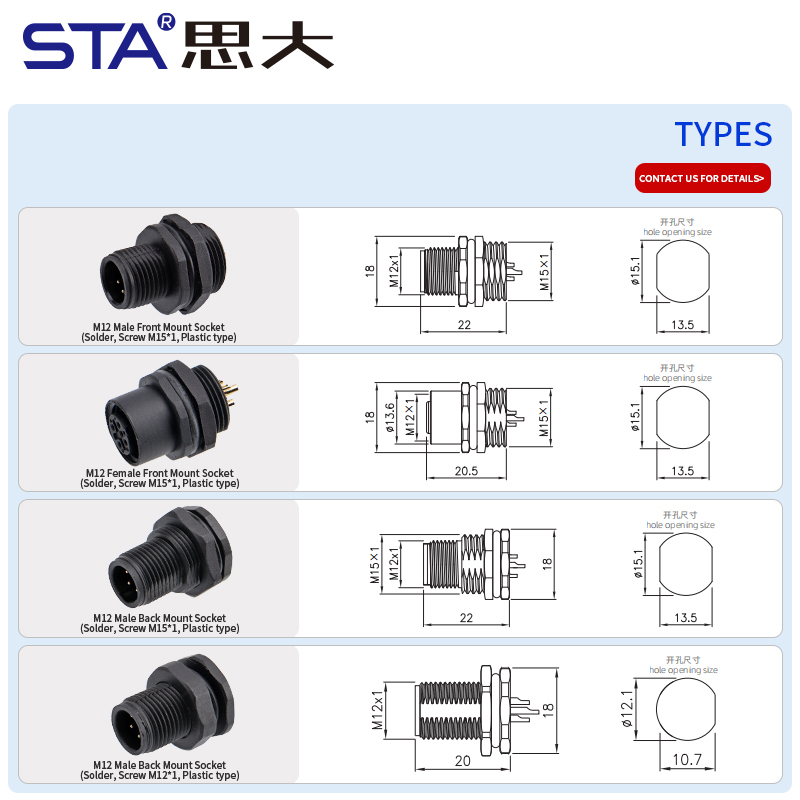 M12 Plastic Aviation Plug Front/Back Mount Solder Socket Connector | Male/Female | Screw M15x1/M12x1 | A/B/D Code | 2–17 Pin Waterproof Industrial Circular Connector
