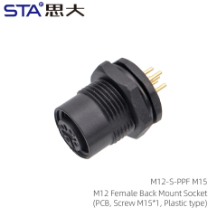 M12 Female Back Mount Socket(PCB Screw M15*1 Plastic type)