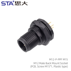 M12 Male Back Mount Socket(PCB Screw M15*1 Plastic type)