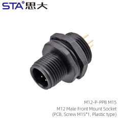 M12 Male Front Mount Socket(PCB Screw M15*1 Plastic type)