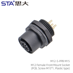 M12 Female Front Mount Socket(PCB Screw M15*1 Plastic type)