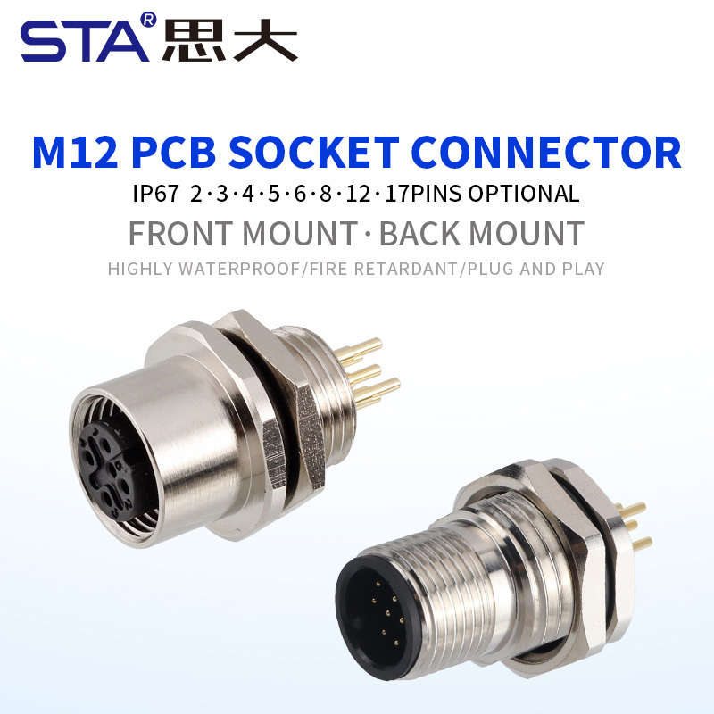 M12 Metal PCB Front/Back Mount Solder Socket Connector