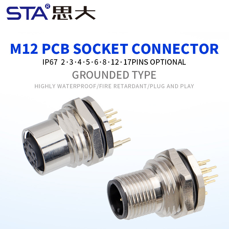 M12 Male/Female PCB Zinc Alloy Grounded Type Back Mount Socket
