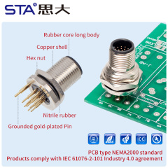 M12 Male/Female PCB Zinc Alloy Grounded Type Back Mount Socket