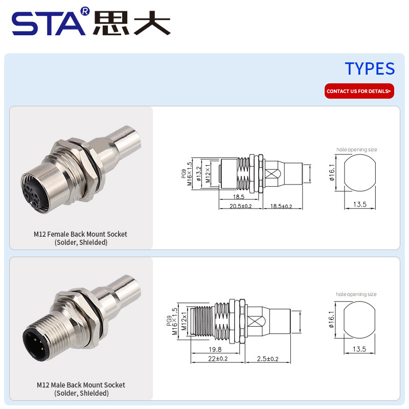 M12 Male Female Back Mount Metal Solder Socket Connector Shield tube Screw M16x1.5/PG9