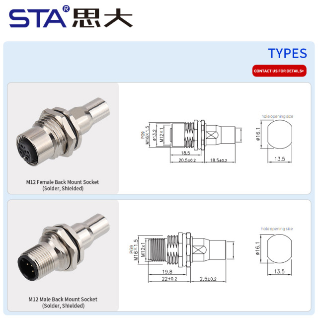 M12 Male Female Back Mount Metal Solder Socket Connector Shield tube Screw M16x1.5/PG9