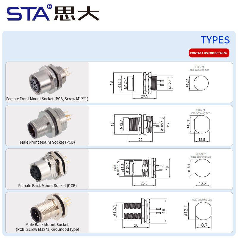 M12 Metal PCB Front/Back Mount Solder Socket Connector