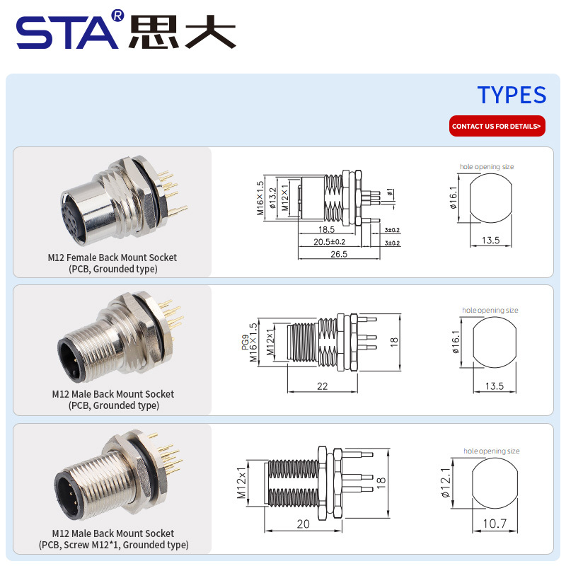 M12 Male/Female PCB Zinc Alloy Grounded Type Back Mount Socket