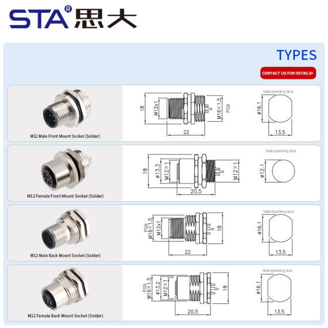 M12 Front/Back Mount Solder Socket Male Female Connector PG9/M12/M16