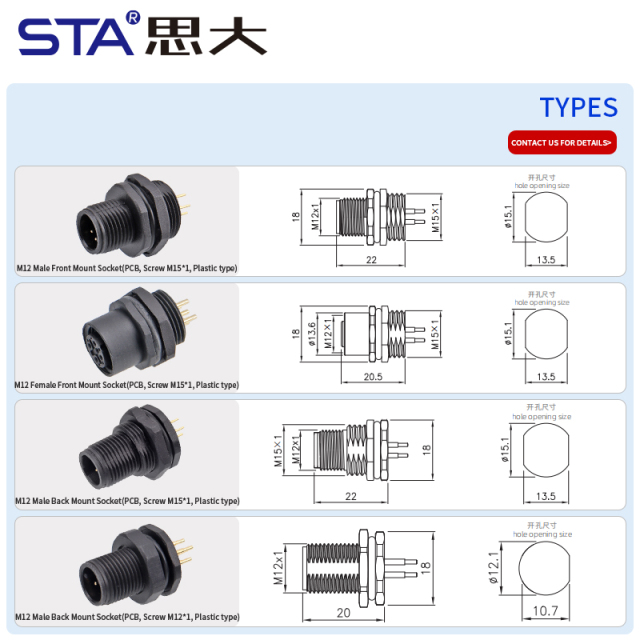 Waterproof M12 Panel Mount Plastic PCB Socket Connectors