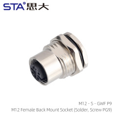 M12 Female Back Mount Socket (Solder Screw PG9)