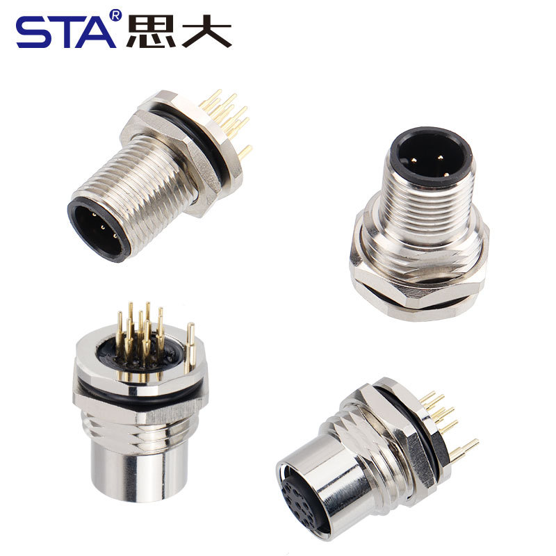 M12 Male/Female PCB Zinc Alloy Grounded Type Back Mount Socket