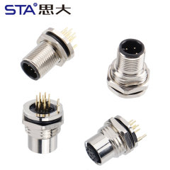 M12 Male/Female PCB Zinc Alloy Grounded Type Back Mount Socket
