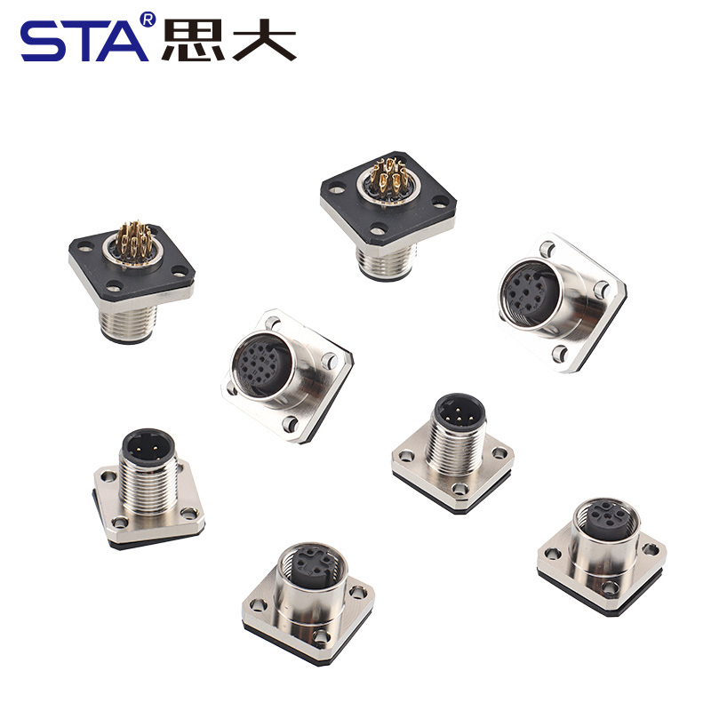M12 Welded Square Flange Metal Aviation Socket Connector Base