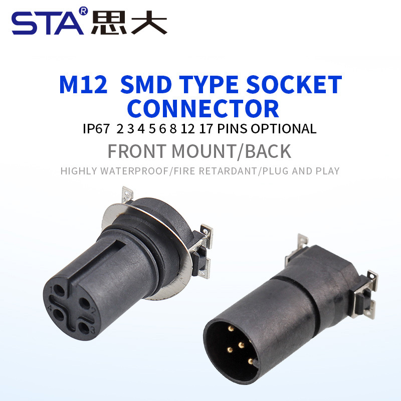 M12 SMD Flange Mount Reflow Male/Female Socket