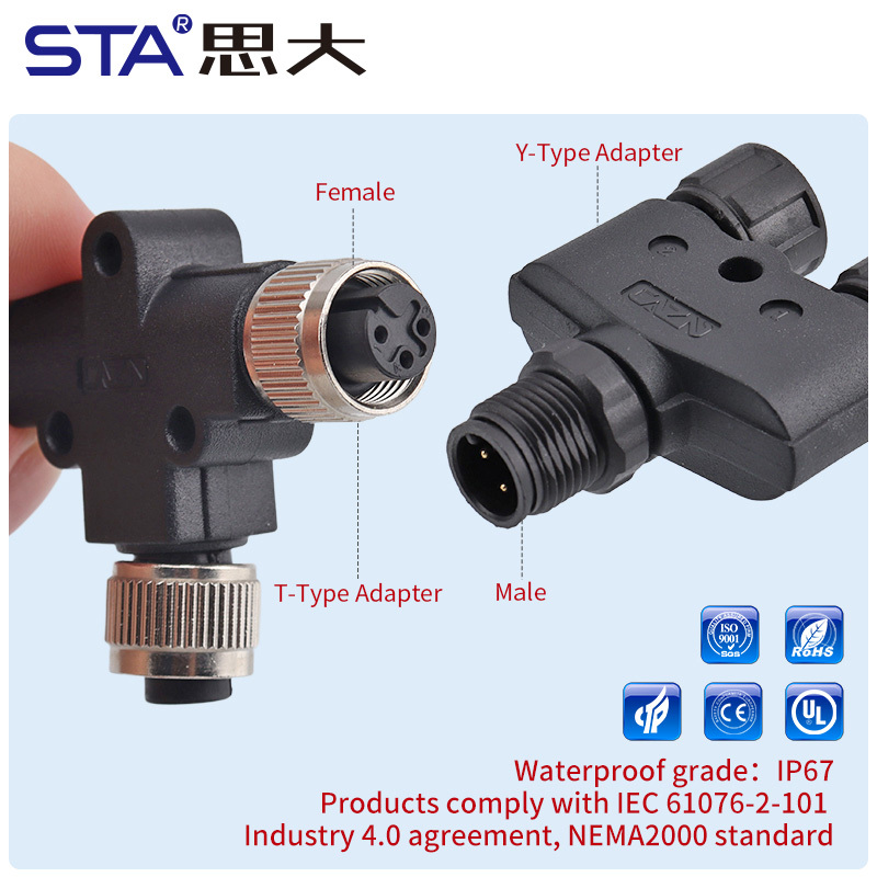 M12 Y/T Splitter Male to Female Sensor Adapter Connector