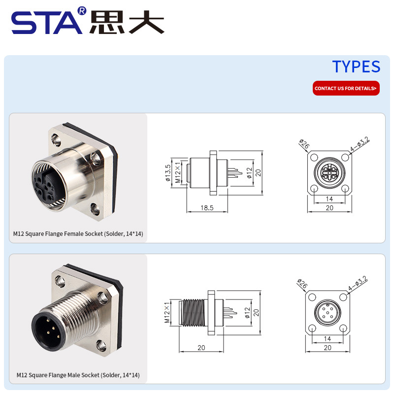 M12 Welded Square Flange Metal Aviation Socket Connector Base