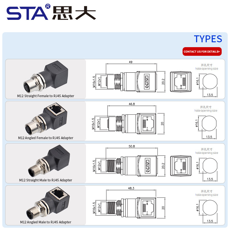 M12 to RJ45 Connectors Male Female Straight/Angled Plug Network Adapter