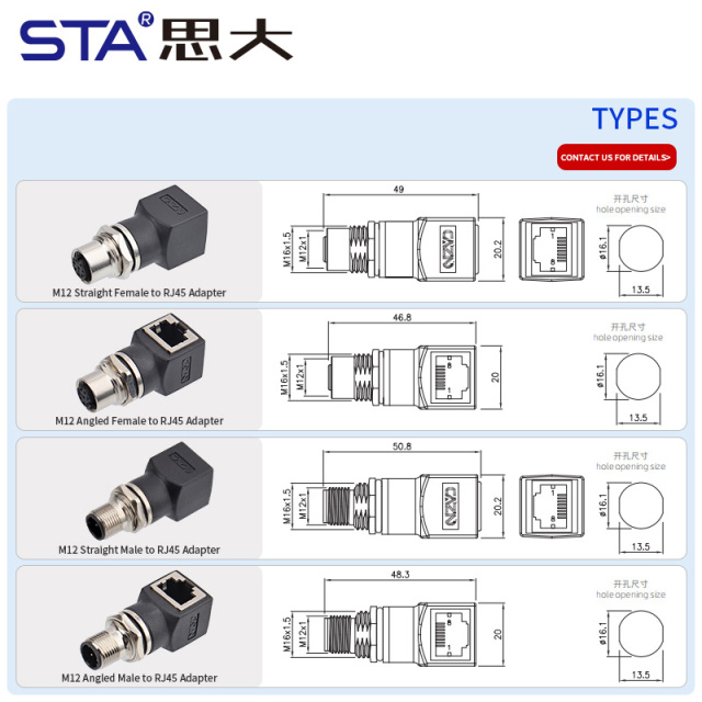 M12 to RJ45 Connectors Male Female Straight/Angled Plug Network Adapter