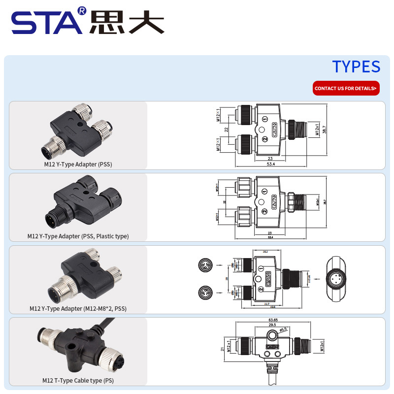 M12 Y/T Splitter Male to Female Sensor Adapter Connector