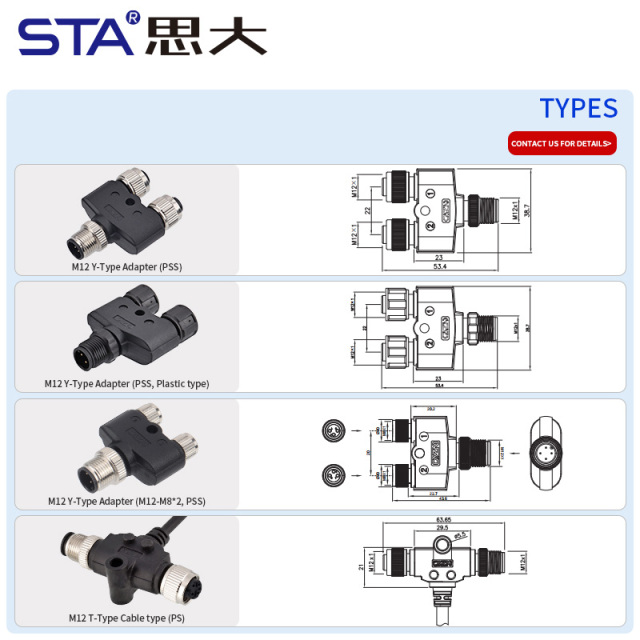 M12 Y/T Splitter Male to Female Sensor Adapter Connector