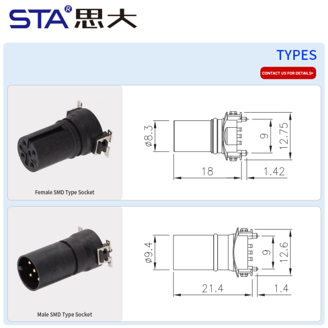 M12 SMD Flange Mount Reflow Male/Female Socket