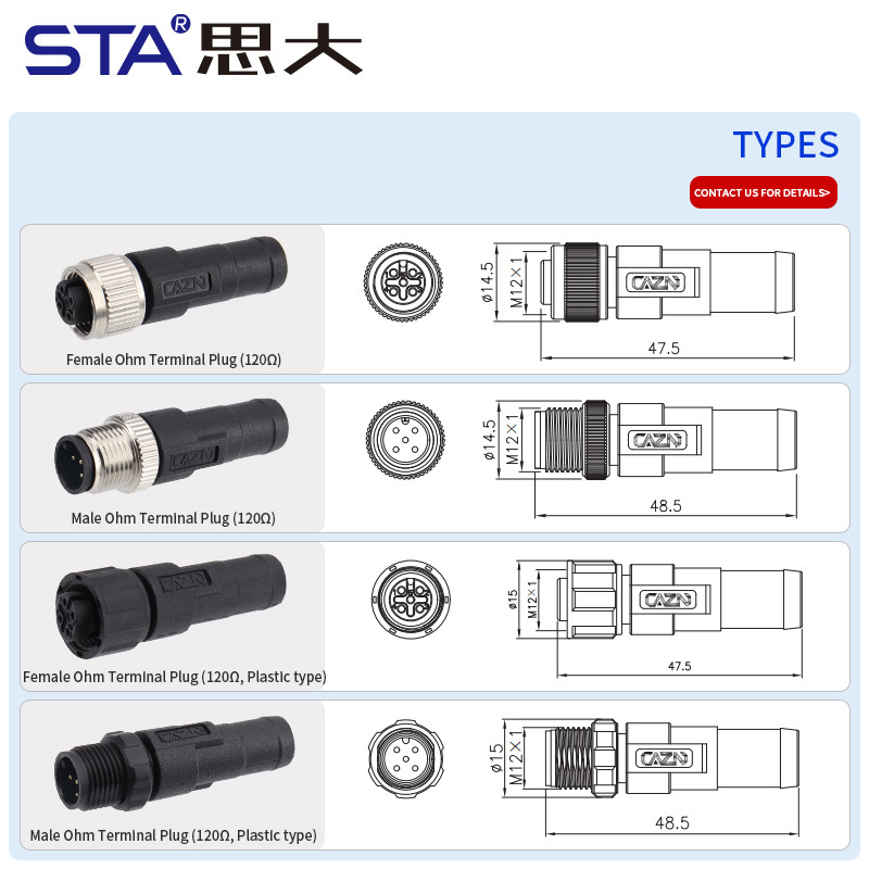 M12 120Ω Termination Resistor Male/Female Plug Connector