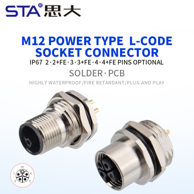 IP67 Waterproof M12 L-Code Power Panel Mount Socket Connector