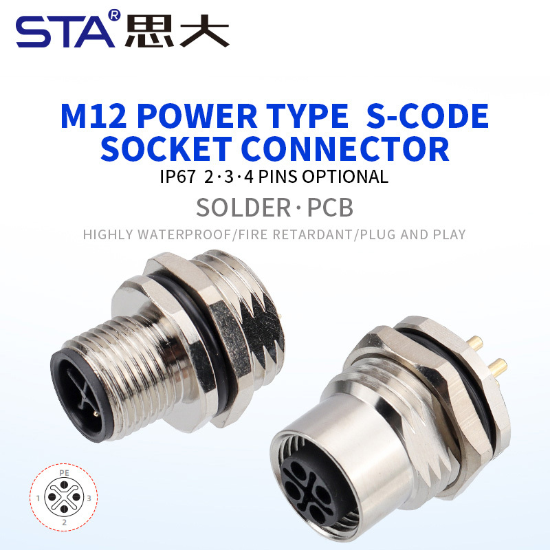 M12 S-Code IP67 Power Panel Mount 630V/12A Socket Connector
