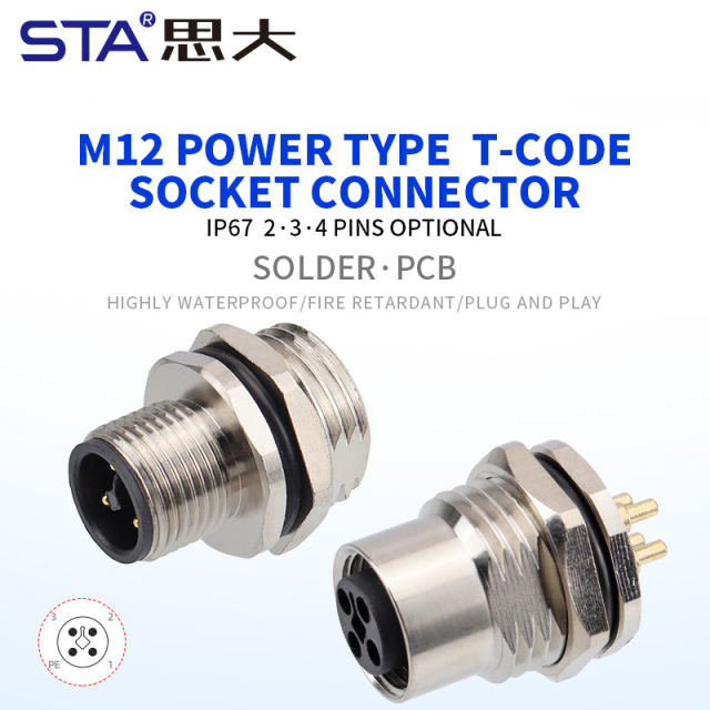 IP67 M12 T-Code Power Solder PCB Socket Connector