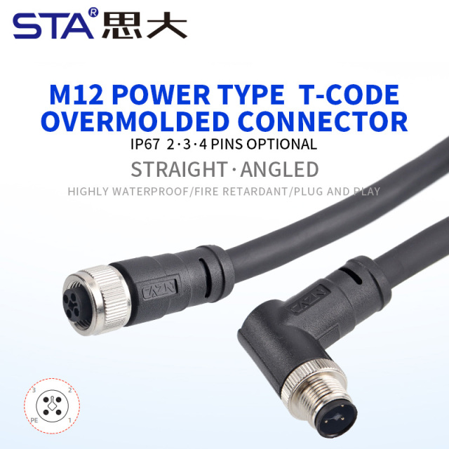 M12 IP67 T-Code Unshielded Overmolded Plug Connector