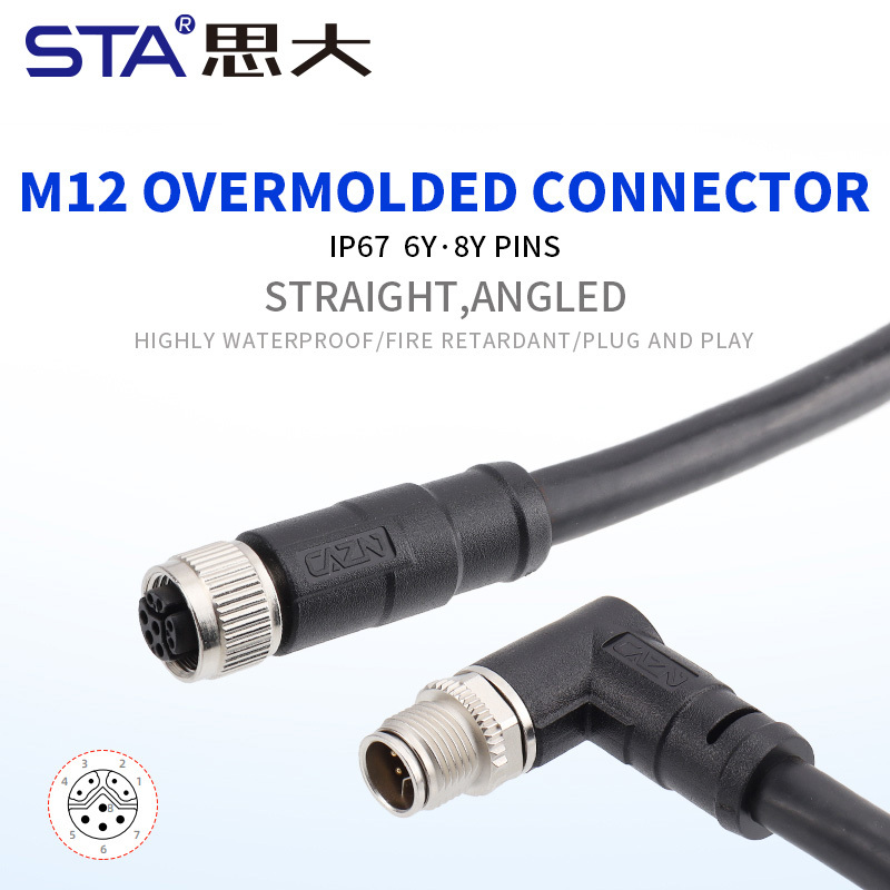 M12 Y-Code Shielded Data Type Overmolded Connector 6/8 Pins