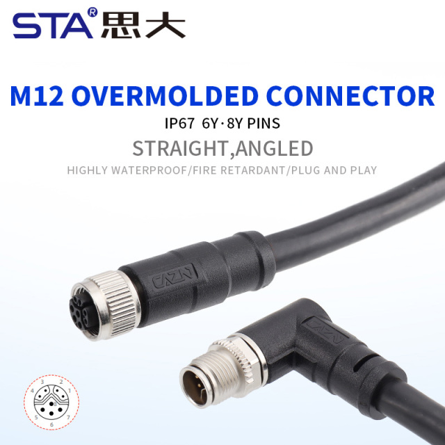 M12 Y-Code Shielded Data Type Overmolded Connector 6/8 Pins