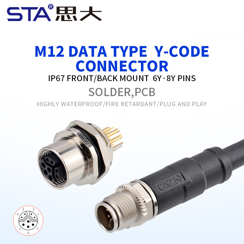M12 Y-Code IP67 Front/Back Mount Data Socket Connector