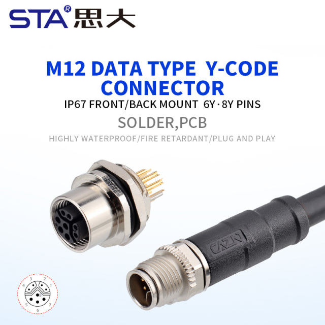 M12 Y-Code IP67 Front/Back Mount Data Socket Connector