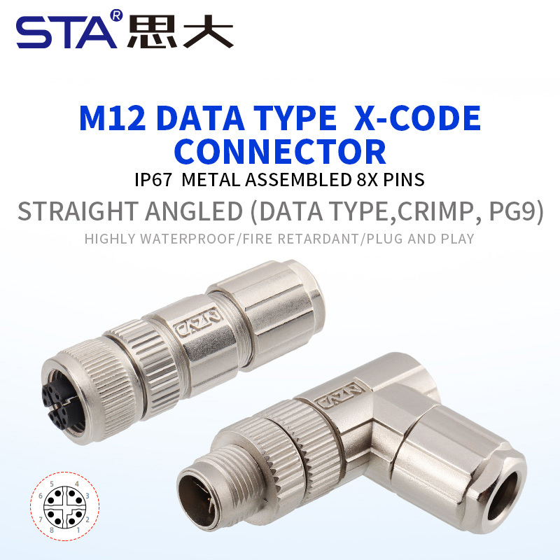 M12 X-Code 8 Pins IP67 Metal Assembled Data Straight & Angled Plug Connector