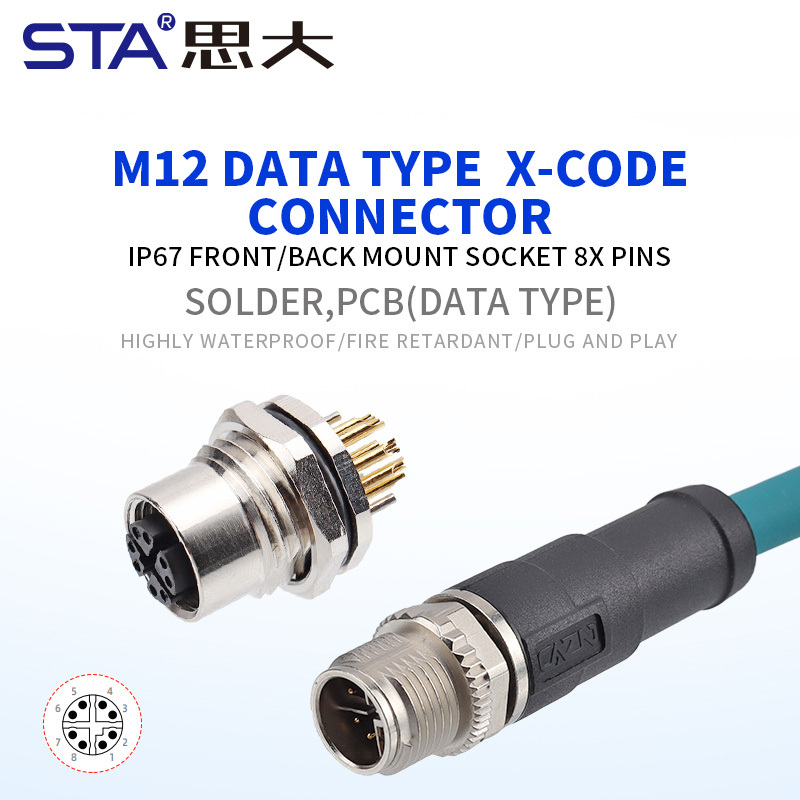 M12 X-Code 8 Pin IP67 Front/Back Mount Socket Connector