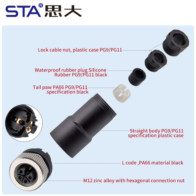 M12 Power K-Code Plastic Assembled Straight Angled Plug Connector
