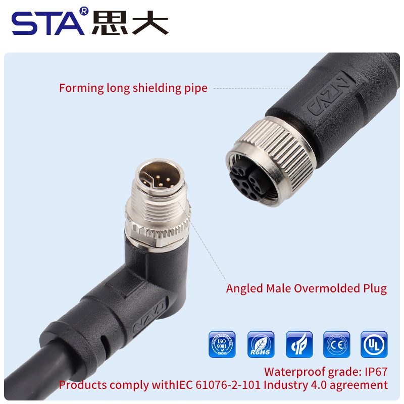 M12 Y-Code Shielded Data Type Overmolded Connector 6/8 Pins
