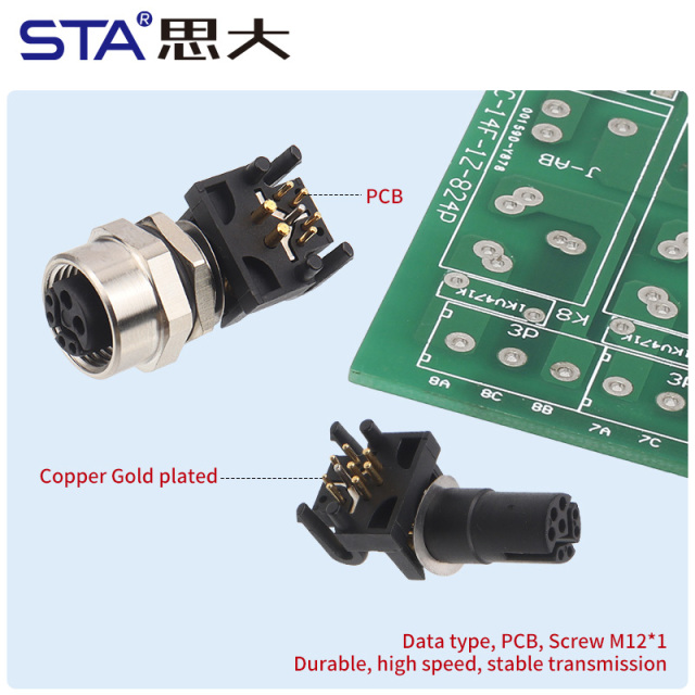 M12 Right Angle Y-Code Female PCB Connector IP67
