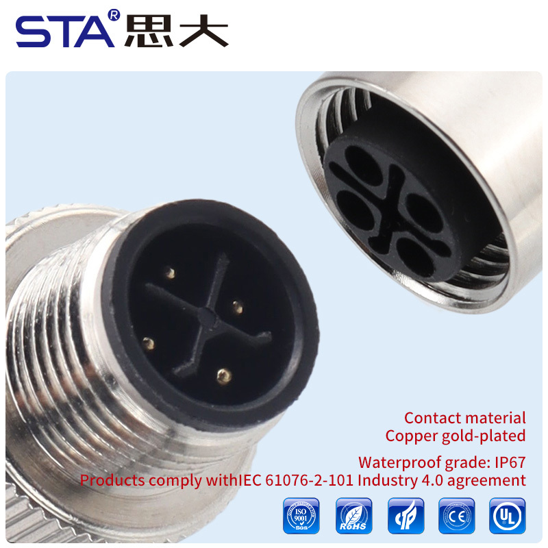 M12 S-Code IP67 Power Panel Mount 630V/12A Socket Connector
