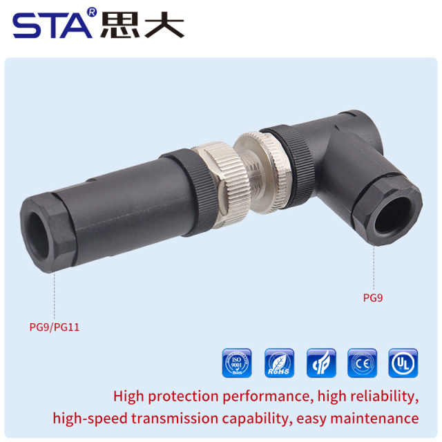 M12 IP67 Power L-Code Plastic Assembled Straight/Angled Plug Connector
