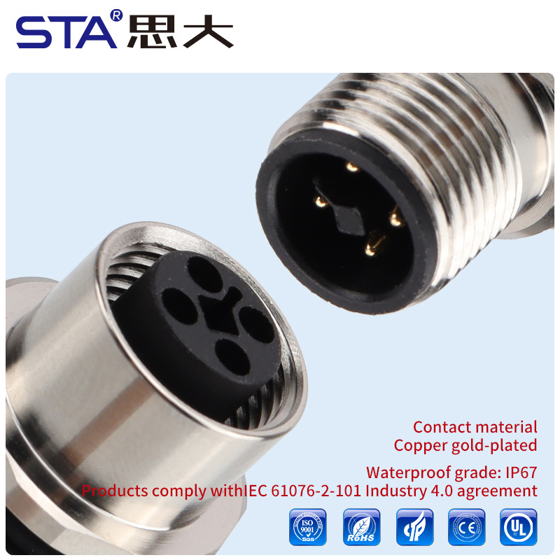 M12 IP67 T-Code Unshielded Overmolded Plug Connector