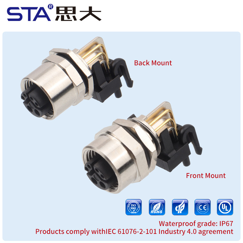 M12 Right Angle Y-Code Female PCB Connector IP67