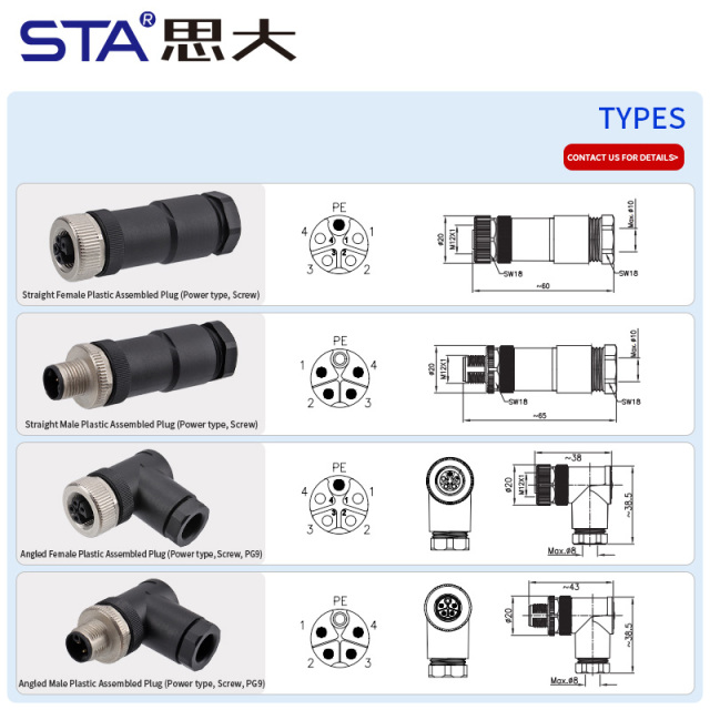 M12 Power K-Code Plastic Assembled Straight Angled Plug Connector
