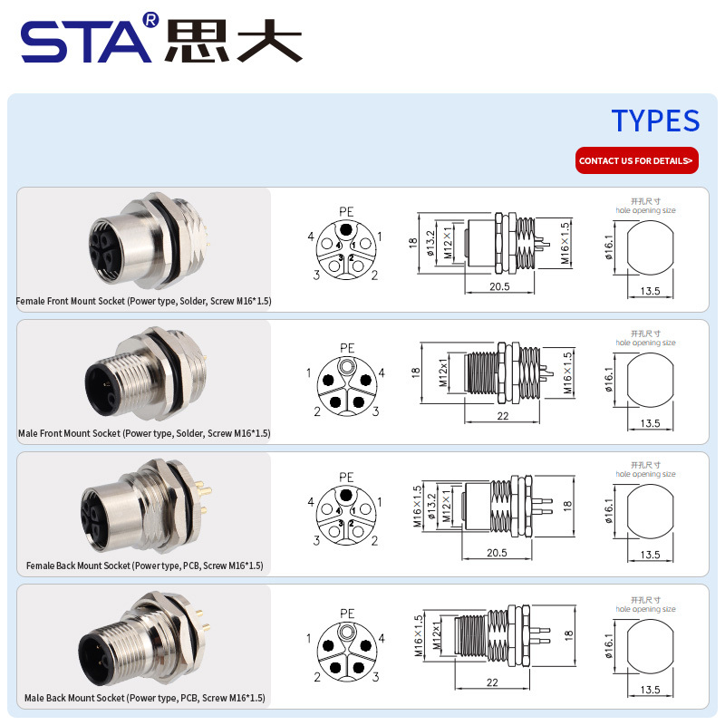 M12 Power K-Code Socket | High-Voltage Industrial Connector