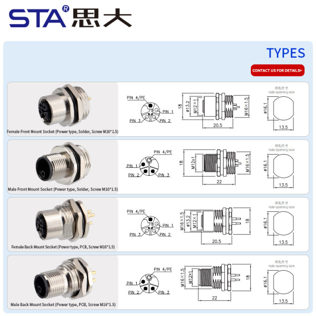 IP67 Waterproof M12 L-Code Power Panel Mount Socket Connector