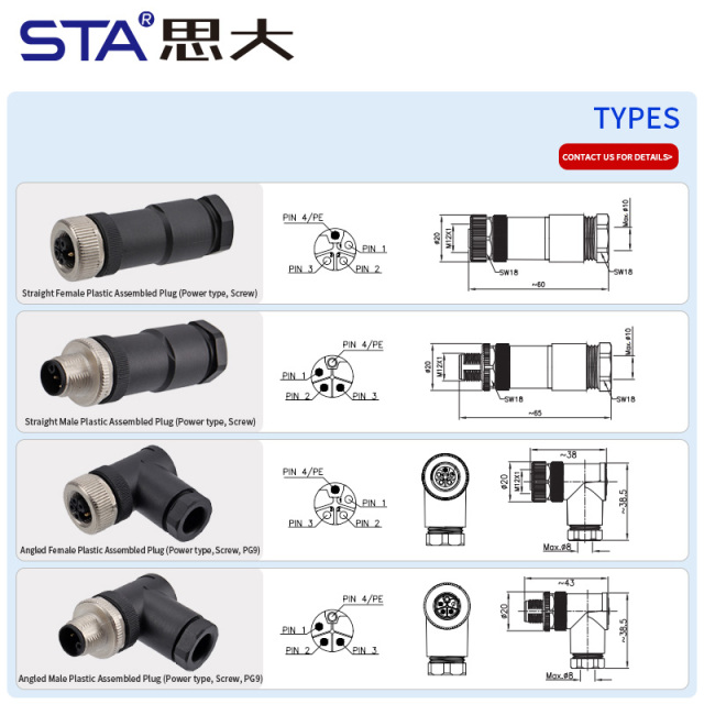 M12 Power L-Code Plastic Assembled Straight/Angled Plug Connector
